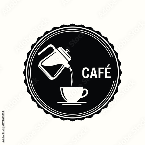 Cafe logo with coffee pot pouring into cup and saucer and text cafe