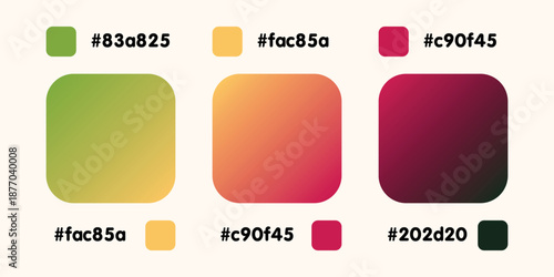Gradient collection, shiny rainbow hologram. Holographic foil texture, green, yellow, pink gradation. Catalog of samples palettes in RGB HEX. Vector set for frame, border, other design.