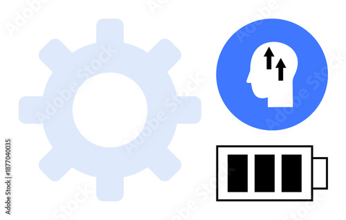 Productivity concept. Gear, head, and battery icons productivity, energy, and development. Productivity boosting creativity, efficiency and motivation. For corporate technology and workflow