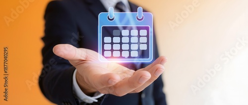 手のひらに浮かぶ光のカレンダーが示す未来計画の象徴