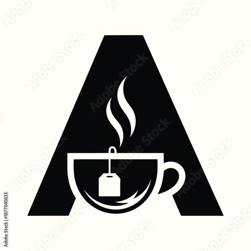 Minimalist tea cup with teabag inside initial letter a logo design icon
