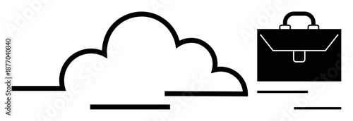 Cloud storage, data management, business growth, technology, remote work, digital resources. Black cloud and briefcase symbols. Cloud storage and business growth concept