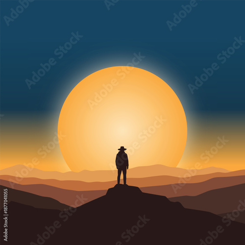Silhouette of man wearing hat standing atop hill against giant sunset