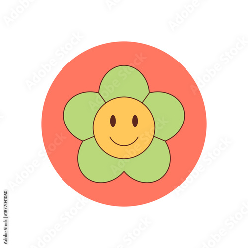 Groovy retro sticker with happy smiley flower in colorful round cartoon graphic style. Package seal as cute groovy element, y2k and pop, perfect for a playful positive box label.