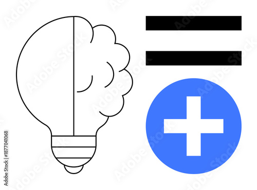Lightbulb with brain, equals sign, and blue plus symbol. Ideal for innovation, creativity, teamwork, problem-solving, brainstorming growth mindset and strategy visualization. Simple flat metaphor