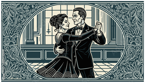 Elegant couple dancing in vintage ballroom with ornate decor