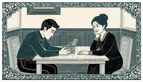 Vintage illustration of a couple engaged in deep conversation at a table