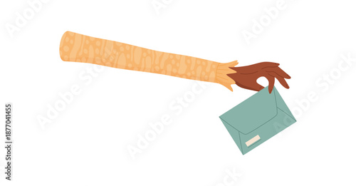 Flat hand holding envelope symbol. Represents customer communication and opinion. Highlights review and feedback concept with message focus. Modern isolated style, suitable for business survey