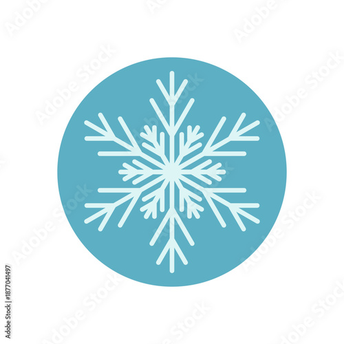 Round blue label with snowflake line icon and icy ornament. Frost and winter symbol, seal for xmas package, cold ornament snow flake, simple clean for holiday product.