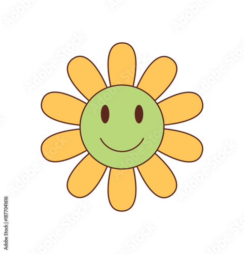 Groovy retro cartoon flower sticker with a happy smile and cute yellow petals. This sunshine groovy element adds y2k vintage charm and positive energy, ideal for playful themes or cheerful design