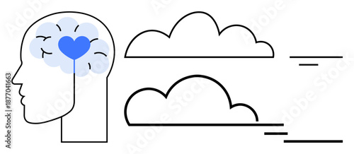 Mental health concept. Mental health through a brain, heart, and clouds, emphasizing thoughts and emotional wellness. Mental health awareness for therapy and mindfulness . Suitable for wellness