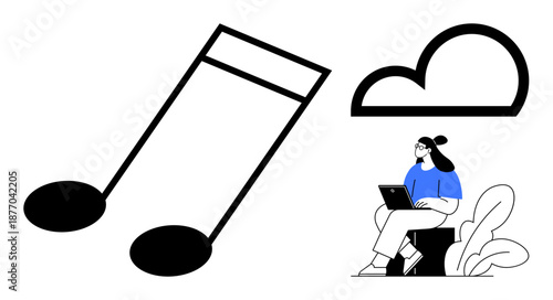 Music streaming concept. Music notes, cloud storage icon, and user modern music streaming and digital platforms. Music streaming for apps, tech services, cloud storage, remote work, creativity