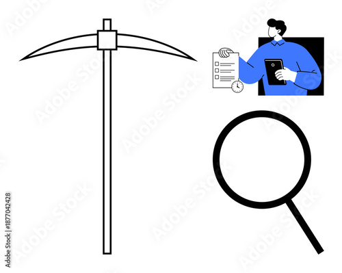 Mining pickaxe for resource extraction, magnifying glass for research or search, and professional with checklist representing task analysis. Ideal for labor, exploration, research, productivity