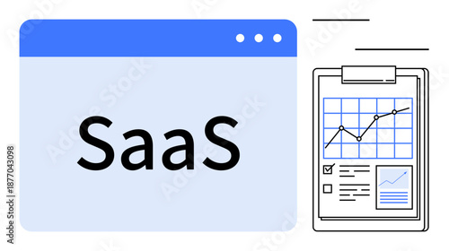 SaaS platforms, data management, analytics, software solutions, cloud computing, growth monitoring. Browser window with SaaS text and clipboard charts. SaaS and data management visualization