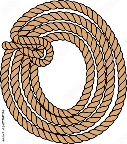 Coiled rope in a circular pattern with a knot on a white background Keywords: rope, cord, twine, string