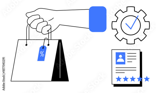Hand holding shopping bag with a percentage discount tag, a user profile with star ratings, and a gear with a checkmark. Ideal for e-commerce, online shopping, customer reviews, discounts, marketing