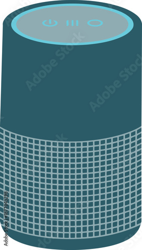 Dark teal cylindrical smart speaker with a light blue illuminated panel showing power and volume