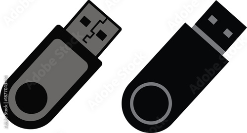Two black and grey USB flash drive shown side by side on a white background with distinct connector and