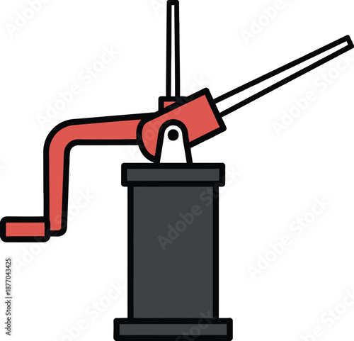 Vintage hand water pump with a red handle and spout on a grey cylindrical base on a white background