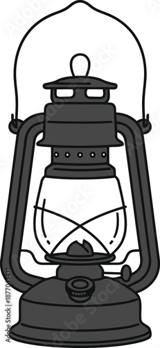 Vintage kerosene hurricane lantern with a dark gray metal frame and a clear glass globe showing a simple