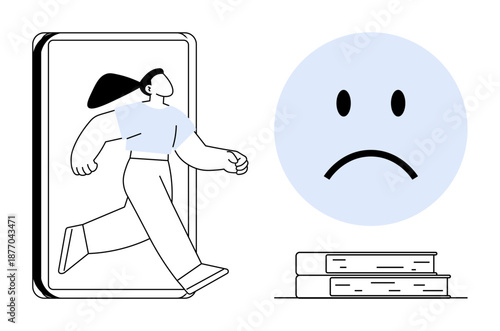 Digital escapism. A person stepping out of a mobile device, a sad face, and books digital escapism and emotional disconnect. Digital escapism impacts mental health and learning. social media, mental