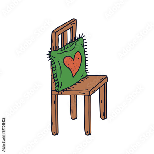 Hand drawn doodle wooden chair with hygge pillow icon. Line art boho stool drawing