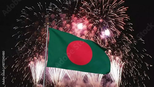 Wallpaper Mural Bangladesh flag waving amidst vibrant fireworks display at night celebration Torontodigital.ca