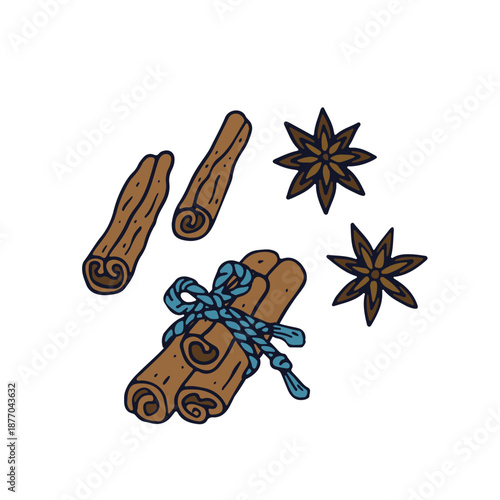 Hand drawn doodle cinnamon and star anise icon. Line art sketch of aromatic spice
