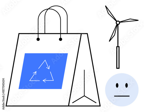 Sustainability, recycling, eco-friendly lifestyle, renewable energy, waste reduction, social responsibility. A recycling bag, a wind turbine and a neutral-faced icon. Sustainability and recycling