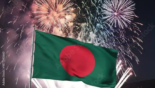 Wallpaper Mural National Flag of Bangladesh Waving in Front of Vibrant Fireworks Display at Night Celebration Torontodigital.ca