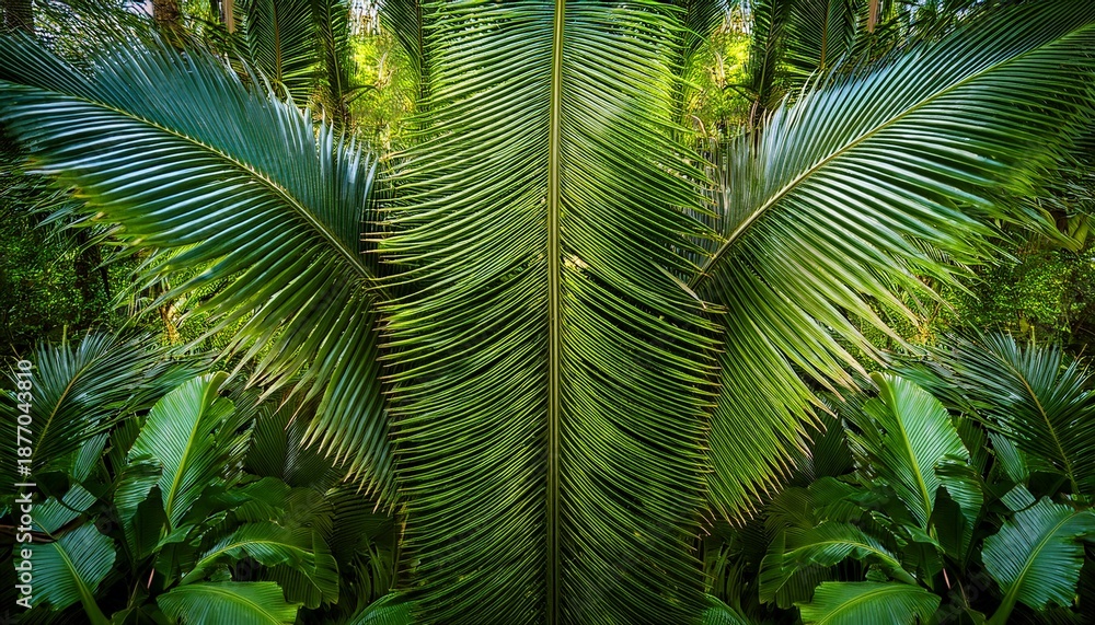 Fototapeta premium Lush Tropical Forest Scene Featuring Vibrant Green Palm Fronds And Leaves Creating A Beautiful Canopy