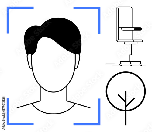 Identity management, minimalism, nature symbolism, office setup, workplace design, personal profile. Monochrome person outline face with chair and tree illustration. Identity and minimalism concept