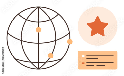 Business success, digital networks, communication, global connections, ratings, customer feedback. Globe with points, star symbol and text elements. Digital networks and communication concept