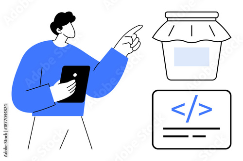 Digital organization, smart technology, user interface, coding, app design, workflow. Person with tablet pointing at jar and coding symbols. Digital organization and smart technology