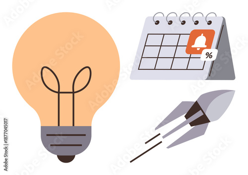 Creativity, time management, goal setting, innovation, productivity, business growth. light bulb, calendar with reminder and rocket launching. Creativity and time management concept