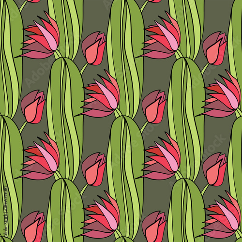 Seamless pattern with cacti, blooming succulent on color background. Vector hand drawn illustration for packaging, fabric, textile. Wild west cactus, western concept.