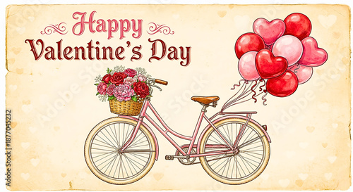 Valentine's Day Bicycle: An endearing Valentine's Day illustration depicts a charming bicycle adorned with heart-shaped balloons and a basket brimming with flowers.