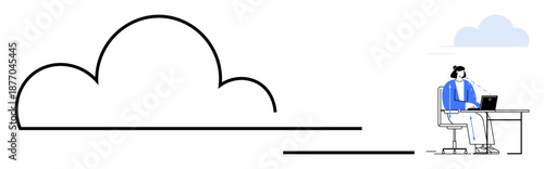 Cloud computing concept. Cloud outline connecting to a professional at desk with a laptop. Cloud computing enabling remote work, data storage, and digital solutions. For technology, innovation