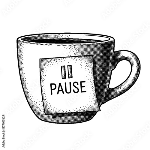 coffee cup with a word pause on a sticky note, break concept illustration in retro halftone stipple effect style