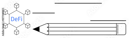 Financial systems, education, blockchain technology, idea creation, decentralized networks, innovation. Blockchain nodes with DeFi text and a pencil. Financial systems and education concept