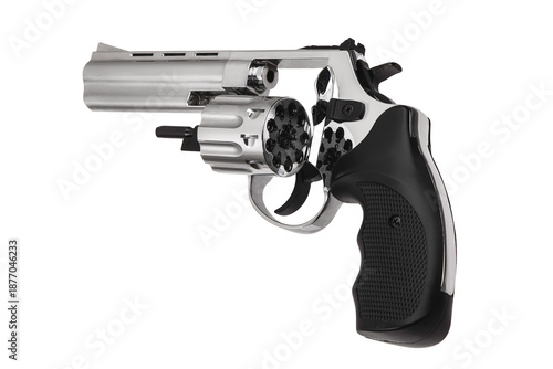 Konstfotografi Shiny silver revolver with an open cylinder and black grip isolated on a white b
