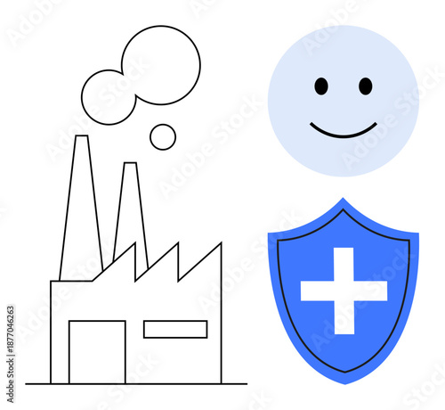 Industrial safety, occupational health, pollution control, workplace well-being, environmental awareness, manufacturing protection. Factory with smoke, happy face shield with cross. Industrial