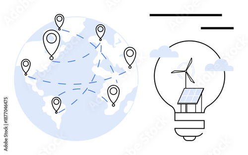 Renewable energy, global technology, sustainability, innovation, green power, worldwide connections. Globe with location pins and light bulb with wind turbine inside. Renewable energy and global