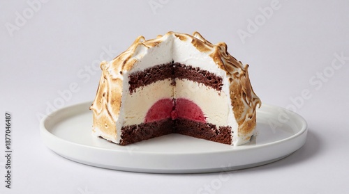 Delicious cross-section of a gourmet layered dessert with rich chocolate cake, creamy ice cream, and toasted meringue, an exquisite sweet treat