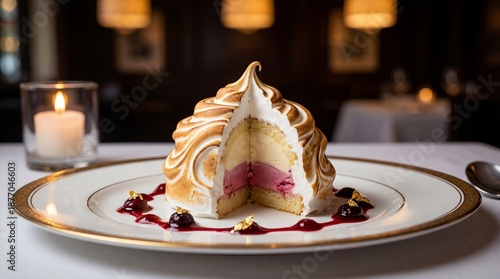Indulgent gourmet dessert a beautifully sliced meringue cake revealing luscious ice cream layers, presented elegantly in a fine dining atmosphere, promising a decadent culinary experience