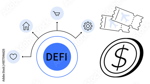 Financial technology, cryptocurrency, digital payments, decentralized economy, blockchain systems, financial services. Blue DEFI circle connecting icons for shopping, home, heart and settings