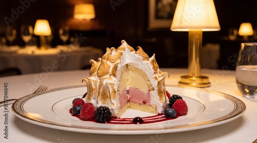 Exquisite Gourmet Baked Alaska Dessert with Toasted Meringue, Creamy Ice Cream, and Fresh Berries Served in an Elegant Fine Dining Restaurant