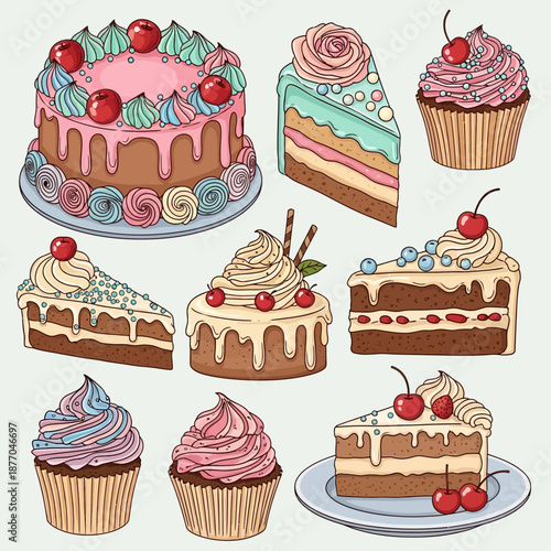 Assorted cakes and cupcakes decorated with cherries and frosting