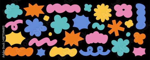 Abstract blob shapes doodle set. Hand drawn comic cloud forms and organic groovy figures in sketch style. Vector illustration isolated on black background