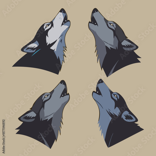 Four stylized wolf heads captured in a moment of synchronized howling representing wilderness calls, unity, and nocturnal communication against a muted background backdrop.